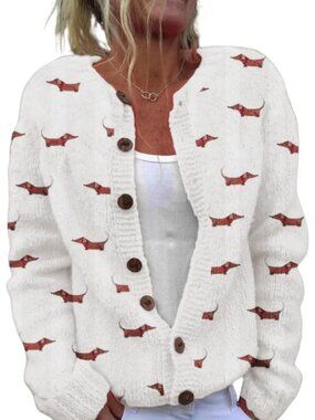 Women’s White Dachshund Wiener Dog Print Button Cardigan Sweater Top